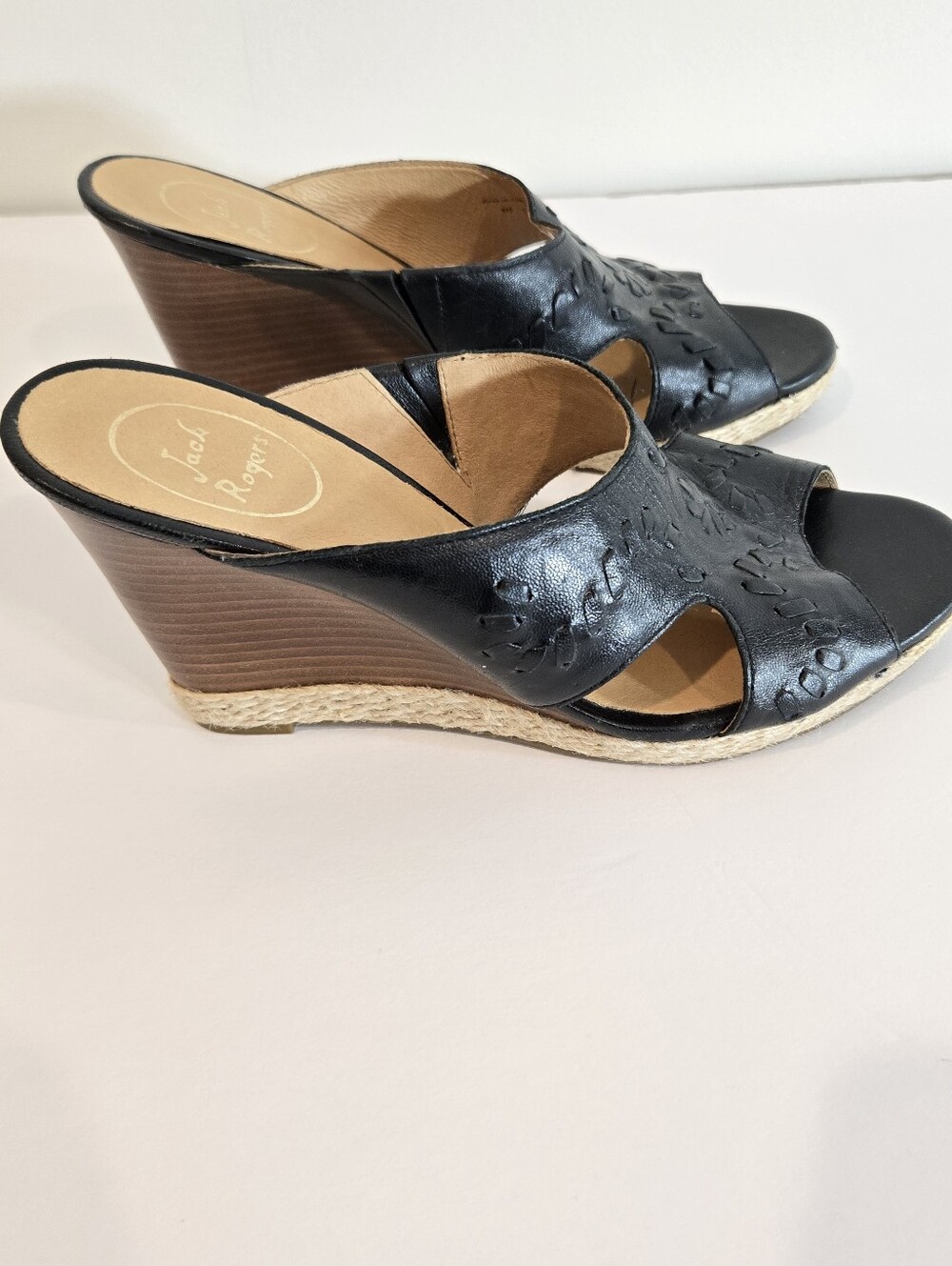 Jack Rogers Black Leather Wedges Sandals Shoes Sz 8 Womens Ex Cond